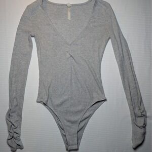 Free People Ribbed Knit Bodysuit Twist Front Long Sleeve Gray Fitted